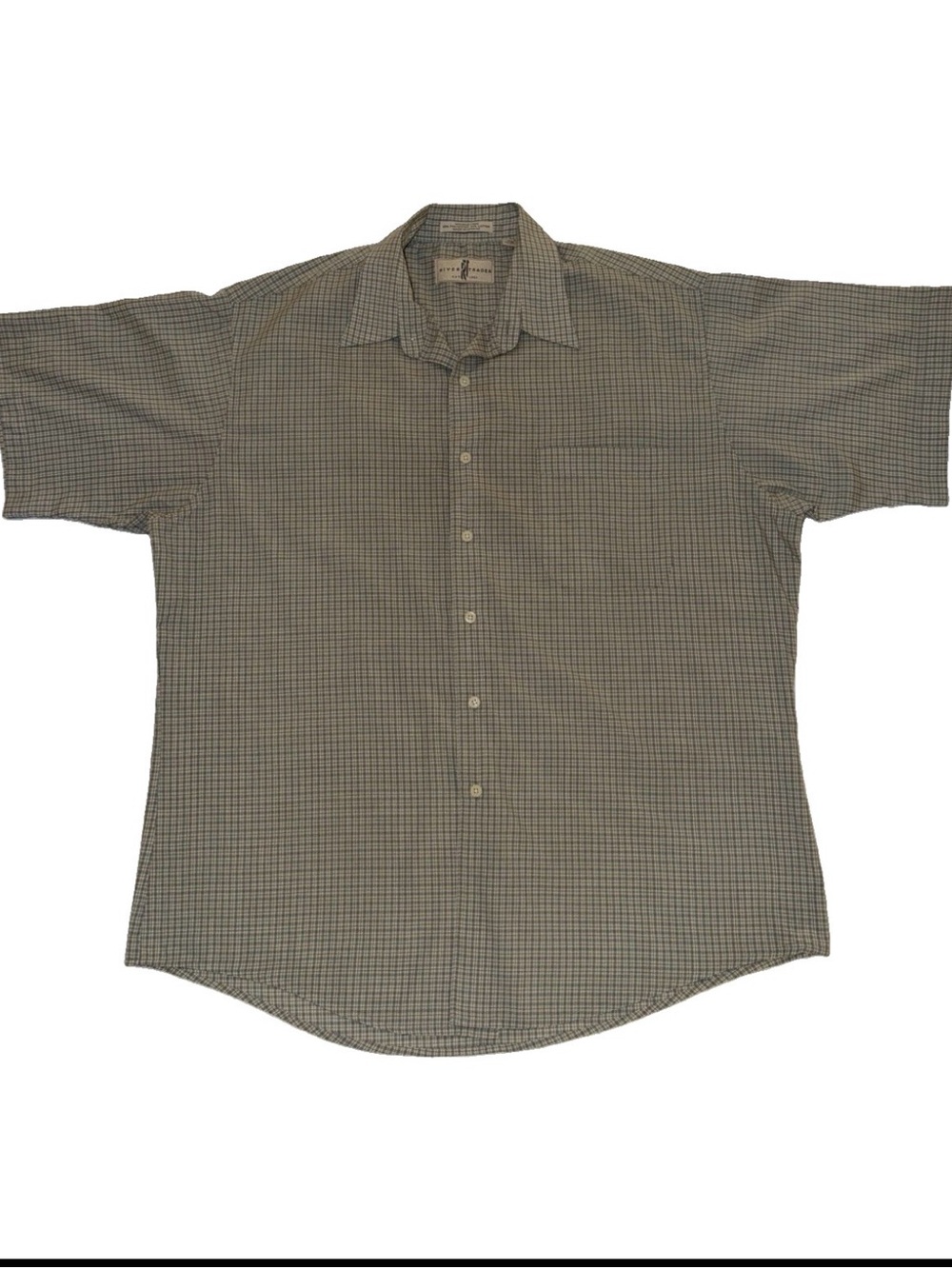 Mens XL Short Sleeve Plaid Checkered Button Front Shirt Wrinkle Free Green Grey